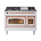 ILVE Nostalgie II Noblesse 48-Inch 5.02 Cu. Ft. Dual Oven Propane Gas Dual Fuel Range with 8 Burners, Griddle and Triple Glass Door in White with Copper Trim (UN48FNMPWHPLP)
