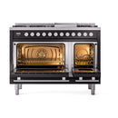 ILVE Professional Plus II 48-Inch 3.5 + 1.52 Cu. Ft. Propane Gas Dual Fuel Range with 8 Burners, Griddle and Solid Door in Glossy Black (UP48FQMPBKLP)
