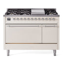 ILVE Nostalgie II 48 inch Propane Gas Range with 6 Sealed Burners, Griddle with Triple Glass Door in Antique White with Chrome Trim