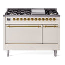 ILVE Nostalgie II 48 inch Propane Gas Range with 6 Sealed Burners, Griddle with Triple Glass Door in Antique White with Brass Trim