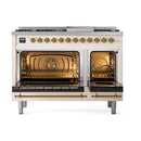 ILVE Nostalgie II 48 inch Propane Gas Range with 6 Sealed Burners, Griddle with Triple Glass Door in Antique White with Brass Trim