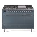 ILVE 48-Inch Nostalgie II Dual Fuel Range with 8 Burners, Griddle, and Solid Door Oven in Blue Grey with Chrome Trim (UP48FQNMPBGC)