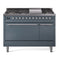ILVE Nostalgie II 48 inch Propane Gas Range with 6 Sealed Burners, Griddle with Triple Glass Door in Blue Grey with Chrome Trim