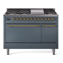 ILVE Nostalgie II 48 inch Propane Gas Range with 6 Sealed Burners, Griddle with Triple Glass Door in Blue Grey with Burnished Trim