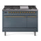 ILVE Nostalgie II 48 inch Propane Gas Range with 6 Sealed Burners, Griddle with Triple Glass Door in Blue Grey with Brass Trim