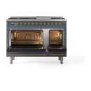 ILVE 48-Inch Nostalgie II Dual Fuel Range with 8 Burners, Griddle, and Solid Door Oven in Blue Grey with Bronze Trim (UP48FQNMPBGB)