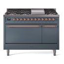 ILVE Nostalgie II 48 inch Propane Gas Range with 6 Sealed Burners, Griddle with Triple Glass Door in Blue Grey with Copper Trim