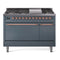 ILVE Nostalgie II 48 inch Propane Gas Range with 6 Sealed Burners, Griddle with Triple Glass Door in Blue Grey with Copper Trim