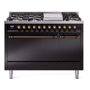 ILVE Nostalgie II 48 inch Propane Gas Range with 6 Sealed Burners, Griddle with Triple Glass Door in Glossy Black with Burnished Trim