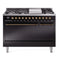 ILVE Nostalgie II 48 inch Propane Gas Range with 6 Sealed Burners, Griddle with Triple Glass Door in Glossy Black with Burnished Trim