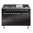 ILVE Nostalgie II 48 inch Propane Gas Range with 6 Sealed Burners, Griddle with Triple Glass Door in Glossy Black with Chrome Trim