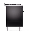 ILVE 48-Inch Nostalgie II Dual Fuel Range with 8 Burners, Griddle, and Solid Door Oven in Glossy Black with Chrome Trim (UP48FQNMPBKC)