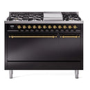 ILVE 48-Inch Nostalgie II Dual Fuel Range with 8 Burners, Griddle, and Solid Door Oven in Glossy Black with Brass Trim (UP48FQNMPBKG)