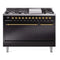 ILVE Nostalgie II 48 inch Propane Gas Range with 6 Sealed Burners, Griddle with Triple Glass Door in Glossy Black with Brass Trim