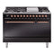 ILVE Nostalgie II 48 inch Propane Gas Range with 6 Sealed Burners, Griddle with Triple Glass Door in Glossy Black with Copper Trim