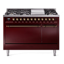 ILVE Nostalgie II 48 inch Propane Gas Range with 6 Sealed Burners, Griddle with Triple Glass Door in Burgundy with Burnished Trim