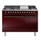 ILVE Nostalgie II 48 inch Propane Gas Range with 6 Sealed Burners, Griddle with Triple Glass Door in Burgundy with Burnished Trim