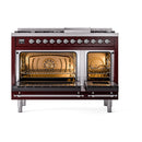 ILVE Nostalgie II 48 inch Propane Gas Range with 6 Sealed Burners, Griddle with Triple Glass Door in Burgundy with Chrome Trim