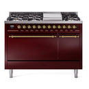ILVE Nostalgie II 48 inch Propane Gas Range with 6 Sealed Burners, Griddle with Triple Glass Door in Burgundy with Brass Trim