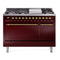 ILVE Nostalgie II 48 inch Propane Gas Range with 6 Sealed Burners, Griddle with Triple Glass Door in Burgundy with Brass Trim