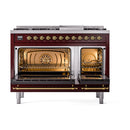 ILVE Nostalgie II 48 inch Propane Gas Range with 6 Sealed Burners, Griddle with Triple Glass Door in Burgundy with Brass Trim