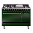 ILVE Nostalgie II 48 inch Propane Gas Range with 6 Sealed Burners, Griddle with Triple Glass Door in Emerald Green with Burnished Trim