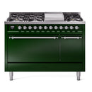 ILVE Nostalgie II 48 inch Propane Gas Range with 6 Sealed Burners, Griddle with Triple Glass Door in Emerald Green with Chrome Trim