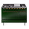 ILVE Nostalgie II 48 inch Propane Gas Range with 6 Sealed Burners, Griddle with Triple Glass Door in Emerald Green with Brass Trim
