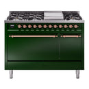 ILVE Nostalgie II 48 inch Propane Gas Range with 6 Sealed Burners, Griddle with Triple Glass Door in Emerald Green with Copper Trim