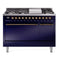 ILVE 48-Inch Nostalgie II Dual Fuel Range with 8 Burners, Griddle, and Solid Door Oven in Midnight Blue with Bronze Trim (UP48FQNMPMBB)