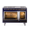 ILVE Nostalgie II 48 inch Propane Gas Range with 6 Sealed Burners, Griddle with Triple Glass Door in Midnight Blue with Burnished Trim