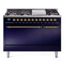 ILVE Nostalgie II 48 inch Propane Gas Range with 6 Sealed Burners, Griddle with Triple Glass Door in Midnight Blue with Brass Trim