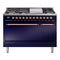 ILVE Nostalgie II 48 inch Propane Gas Range with 6 Sealed Burners, Griddle with Triple Glass Door in Midnight Blue with Copper Trim