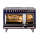 ILVE Nostalgie II 48 inch Propane Gas Range with 6 Sealed Burners, Griddle with Triple Glass Door in Midnight Blue with Copper Trim