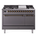 ILVE Nostalgie II 48 inch Propane Gas Range with 6 Sealed Burners, Griddle with Triple Glass Door in Graphite Matte with Burnished Trim