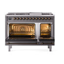 ILVE Nostalgie II 48 inch Propane Gas Range with 6 Sealed Burners, Griddle with Triple Glass Door in Graphite Matte with Burnished Trim