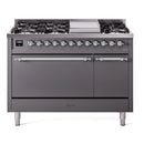 ILVE Nostalgie II 48 inch Propane Gas Range with 6 Sealed Burners, Griddle with Triple Glass Door in Graphite Matte with Chrome Trim