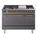 ILVE Nostalgie II 48 inch Propane Gas Range with 6 Sealed Burners, Griddle with Triple Glass Door in Graphite Matte with Brass Trim