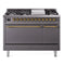 ILVE Nostalgie II 48 inch Propane Gas Range with 6 Sealed Burners, Griddle with Triple Glass Door in Graphite Matte with Brass Trim