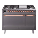 ILVE Nostalgie II 48 inch Propane Gas Range with 6 Sealed Burners, Griddle with Triple Glass Door in Graphite Matte with Copper Trim