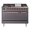 ILVE Nostalgie II 48 inch Propane Gas Range with 6 Sealed Burners, Griddle with Triple Glass Door in Graphite Matte with Copper Trim