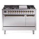 ILVE 48-Inch Nostalgie II Dual Fuel Range with 8 Burners, Griddle, and Solid Door Oven in Stainless Steel with Bronze Trim (UP48FQNMPSSB)