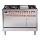 ILVE 48-Inch Nostalgie II Dual Fuel Range with 8 Burners, Griddle, and Solid Door Oven in Stainless Steel with Copper Trim (UP48FQNMPSSP)