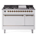 ILVE Nostalgie II 48 inch Propane Gas Range with 6 Sealed Burners, Griddle with Triple Glass Door in White with Burnished Trim