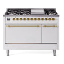 ILVE Nostalgie II 48 inch Propane Gas Range with 6 Sealed Burners, Griddle with Triple Glass Door in White with Brass Trim