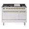 ILVE Nostalgie II 48 inch Propane Gas Range with 6 Sealed Burners, Griddle with Triple Glass Door in White with Brass Trim