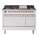 ILVE Nostalgie II 48 inch Propane Gas Range with 6 Sealed Burners, Griddle with Triple Glass Door in White with Copper Trim
