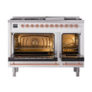 ILVE Nostalgie II 48 inch Propane Gas Range with 6 Sealed Burners, Griddle with Triple Glass Door in White with Copper Trim