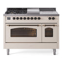 ILVE Nostalgie II 48-Inch Dual Fuel Range with 5 Burners, Griddle, & French Top with Triple Glass Door Oven in Antique White with Bronze Trim (UP48FSNMPAWB)