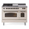 ILVE Nostalgie II 48-Inch  Propane Gas Dual Fuel Range  with 5 Burners, Griddle, & French Top with Triple Glass Door Oven in Antique White with Bronze Trim (UP48FSNMPAWB)
